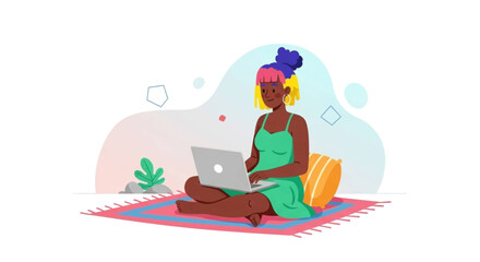 Young woman working on laptop, illustration for website or blog.