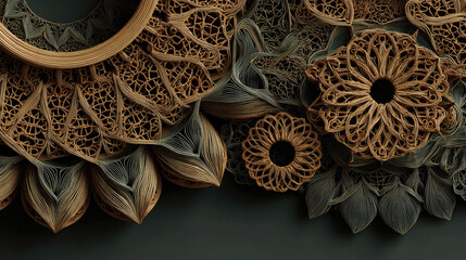 Bamboo  Mandala Inspired Geometric Pattern in Carved Wood Style, 3D Layered Art, natural color