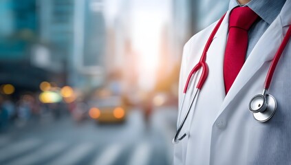 Doctor in white coat with stethoscope standing in modern city street at sunset

