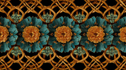 Seamless Floral Pattern with 3D Woven Rattan and Ornamental Flowers, Elegant Botanical Design