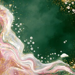 Abstract green and pink fluid art with gold glitter texture on canvas

