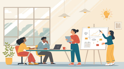 Diverse team brainstorming and collaborating during a business meeting, perfect for website banners or marketing materials.