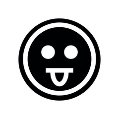 Simple black and white emoji icon with a tongue sticking out inside a circular border design element