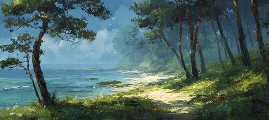 Gentle sea breeze flowing through quiet forest at sunrise near the tranquil coastline