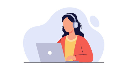 Woman working on laptop with headphones, perfect for websites, blogs, and presentations about remote work, communication, or online learning.