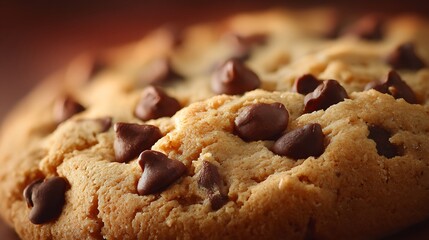 Chocolate chip cookie close-up with warm beige gradient underlit for macro appeal