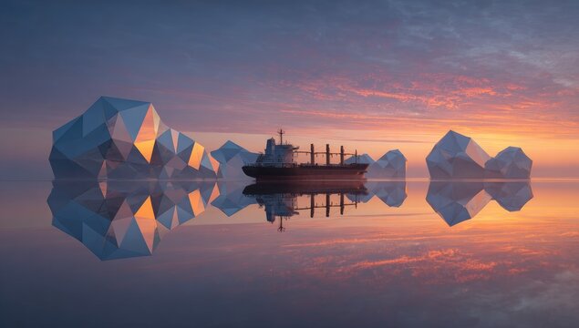 Low poly icebergs, ship at sunset, mirrored calm water
