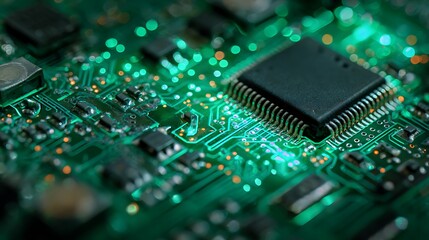 Circuit board macro shot with green background and faint glowing traces showcasing intricate technology detail
