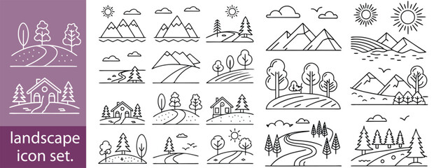 Set of outline icons landscape. landscape icon set, Linear icon collection. Editable stroke. Vector illustration