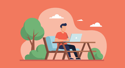 Man working on laptop outdoors, perfect for remote work, freelance, and digital nomad concepts.