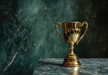 Gleaming golden trophy stands proudly on a marble against a dark textured backdrop symbolizing victory and achievement in a timeless display.