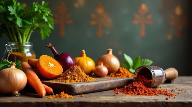 Aromatic Spices and Vibrant Vegetables Arranged on Rustic Wooden Surface - Powered by Adobe