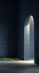 Minimal architectural archway with soft light entering through dark brick wall