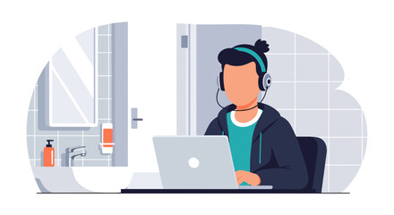 Person working on laptop in bathroom, ideal for remote work, work from home, or freelance lifestyle articles.