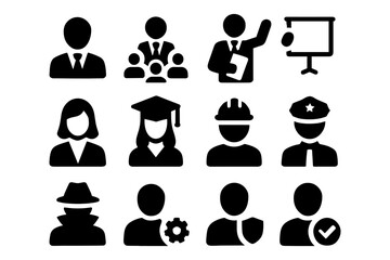 Profession silhouette icons: business, education, engineering, law enforcement, and more