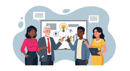 Diverse business team brainstorming ideas on whiteboard, perfect for presentations or website banners.