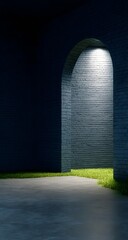 Minimal architectural archway with soft light entering through dark brick wall