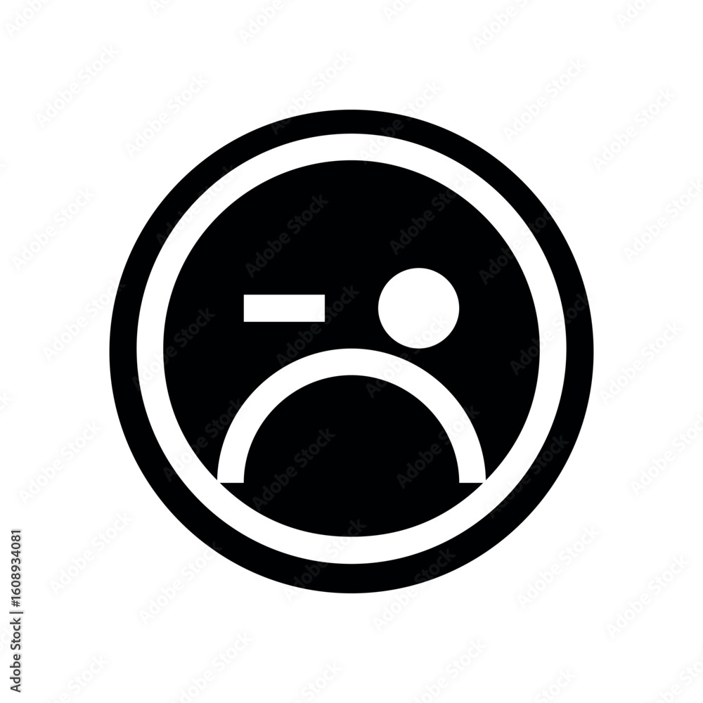 Poster black and white sad face emoticon with a circle outline and simple facial features design icon graph
