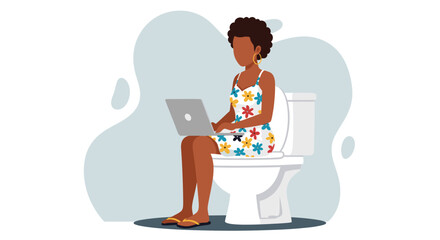 Woman working on laptop while sitting on toilet.  Illustration for articles on work-life balance or remote work challenges.