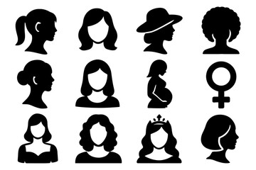 Silhouette set of diverse female profiles and symbols