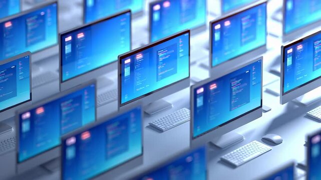 Isometric illustration of modern IT office setup with multiple computer screens and coding display