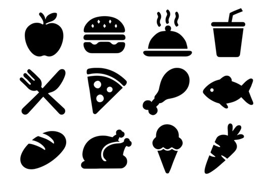 Silhouette icons of popular foods and drinks in simple black style
