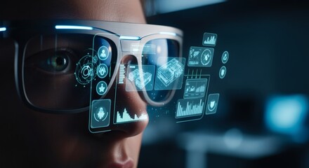 Person wearing futuristic smart glasses displaying holographic data overlays.
