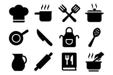Kitchen tools icons set: cooking pot, chef hat, rolling pin, knife in bold silhouette style