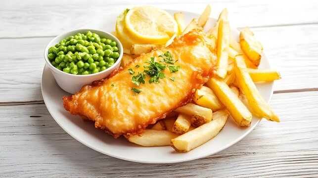 Classic fish and chips with mushy peas served on white wooden table