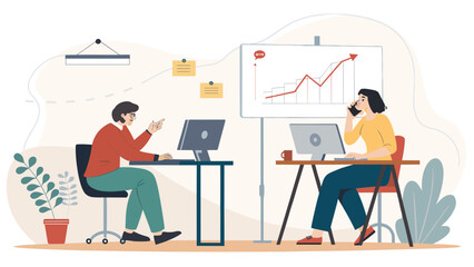 Two colleagues collaborating in a modern office, reviewing a growth chart. Perfect for presentations on teamwork and business success.
