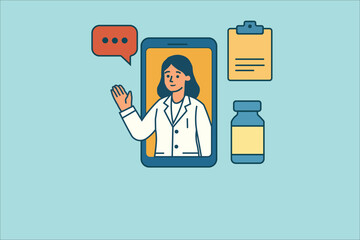 Accessible medical care. A virtual doctor consults via smartphone, representing convenient remote healthcare and modern services.