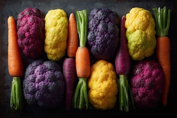 Colorful cauliflower and vibrant carrots arranged artfully on a dark surface