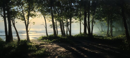 Early morning sky shines gently above quiet sea and towering coastal forest trees
