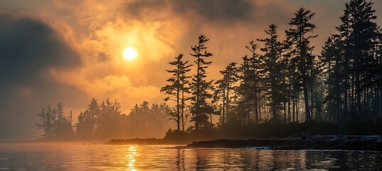 Early morning sky shines gently above quiet sea and towering coastal forest trees
