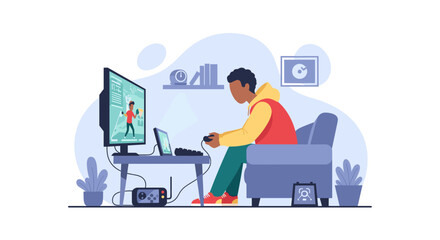 Young man playing video games at home, perfect for blogs about gaming, technology, or leisure.