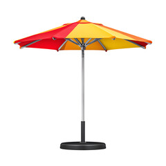 Colorful outdoor patio umbrella with red, orange, and yellow stripes design isolated