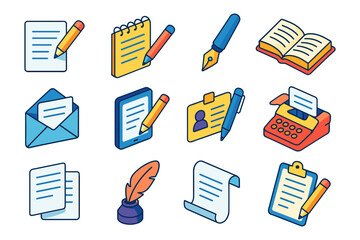 Colorful isometric icons of writing and office supplies for creative projects