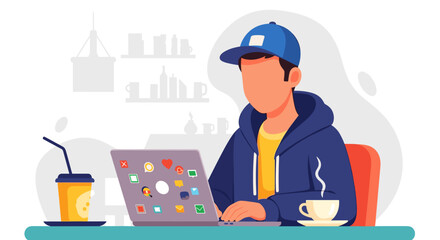 Person working on laptop in cafe, perfect for website banners or blog posts about remote work.