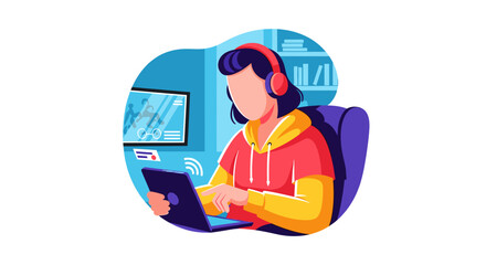 Young woman working from home, using laptop and headphones, perfect for websites and blogs about remote work.
