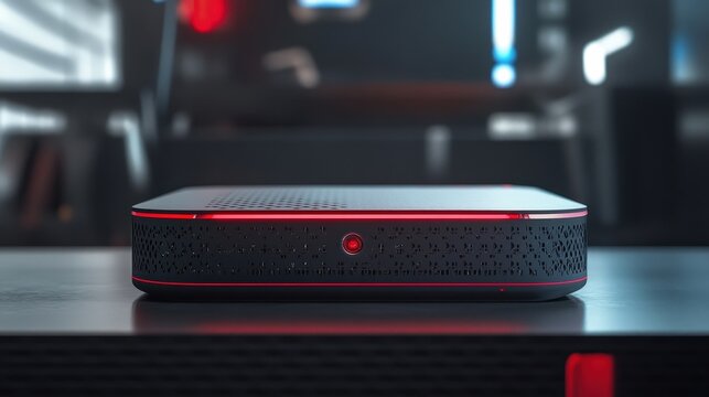 sleek black mini pc with red accents