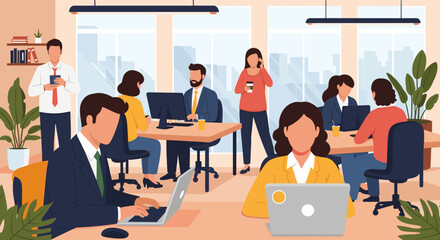 Modern office workers collaborating, ideal for website banners or business presentations.