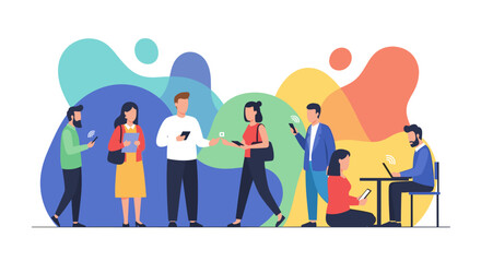 Diverse group of people using smartphones and laptops, ideal for website banners or presentations on technology and communication.