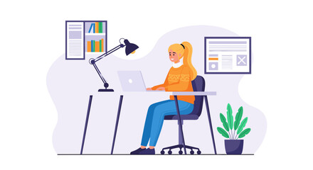 Young woman working on laptop at home office, perfect for website banners or blog posts about remote work.