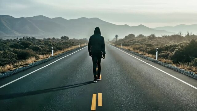 Man walking alone on empty road surrounded by mountains  