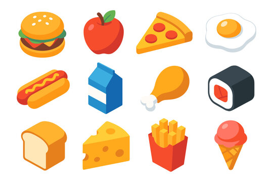 Colorful isometric fast food and snack icons for digital design projects - Powered by Adobe