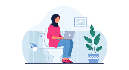 Woman working on laptop in bathroom -  illustration for blog, article or website.