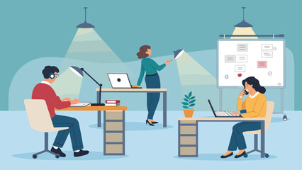 Modern office workers collaborating, perfect for illustrating teamwork and productivity on a company website or brochure.
