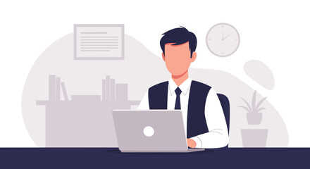 Businessman working on laptop in office, perfect for website banners or presentations.