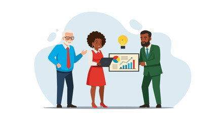 Diverse business team presenting data and ideas. Perfect for landing pages, brochures, and presentations on teamwork, collaboration, and business success.