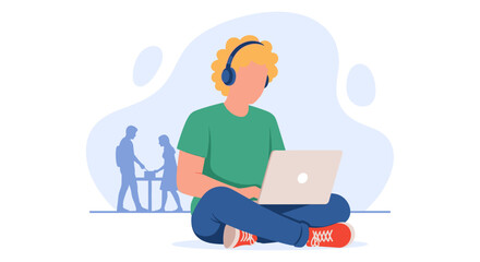 Young person working on laptop, headphones on, ideal for website banners, blog posts, or online articles about remote work or studying.
